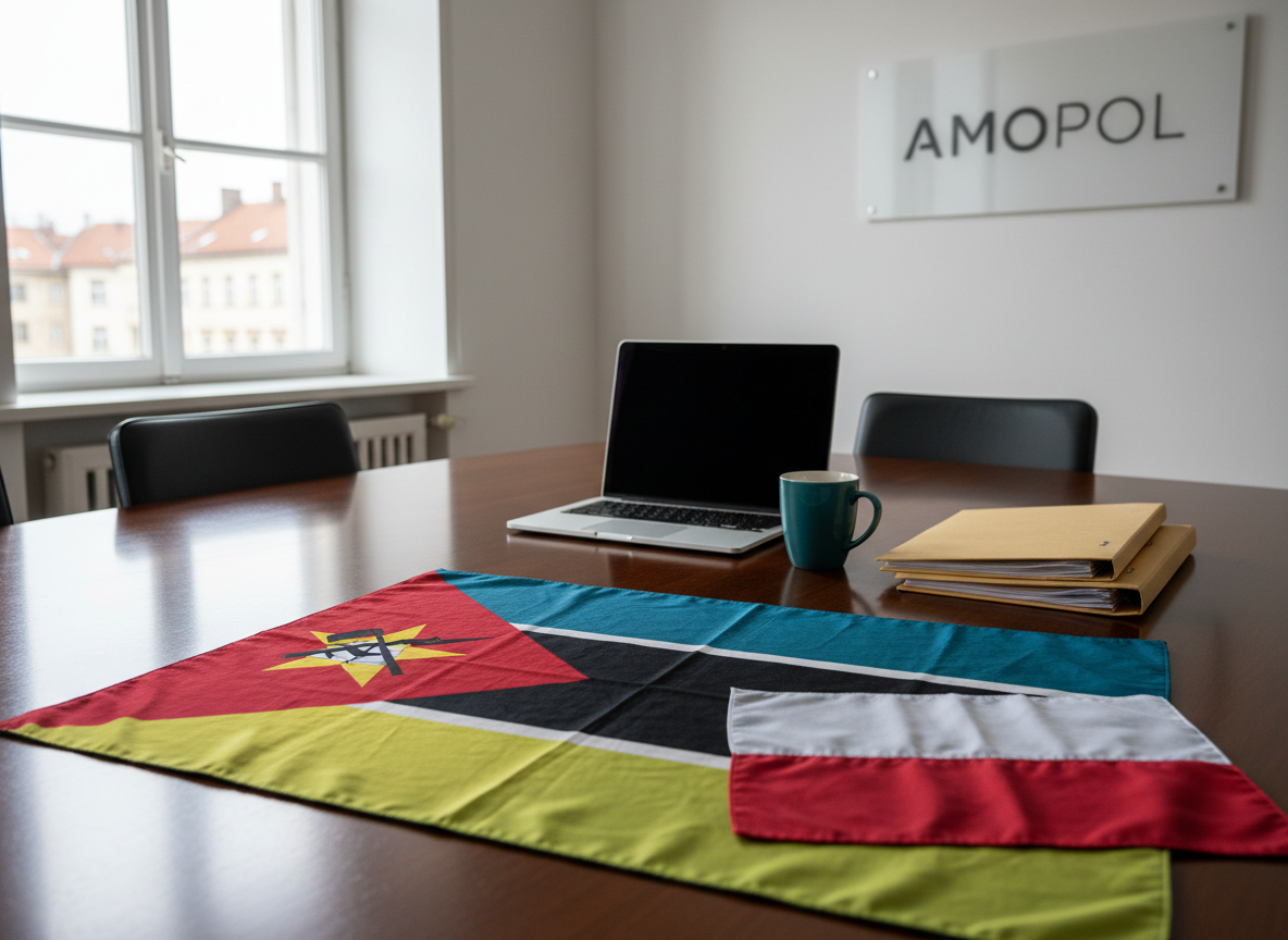 A polished wooden conference table draped with a neatly folded Mozambican flag and a smaller Polish flag, both made of richly textured fabric with vivid, saturated colors. On the table, organized folders, a laptop with a blank screen, and a ceramic mug in deep teal suggest planning and collaboration. The room has clean white walls, a large window revealing a soft, overcast European cityscape, and a subtle banner reading “AMOPOL” in modern sans-serif typography on the back wall. Diffused natural light fills the room, creating gentle shadows and a calm, professional atmosphere. Photographic realism, eye-level composition, sharp focus throughout, conveying unity, organization, and cross-cultural connection without any people present.