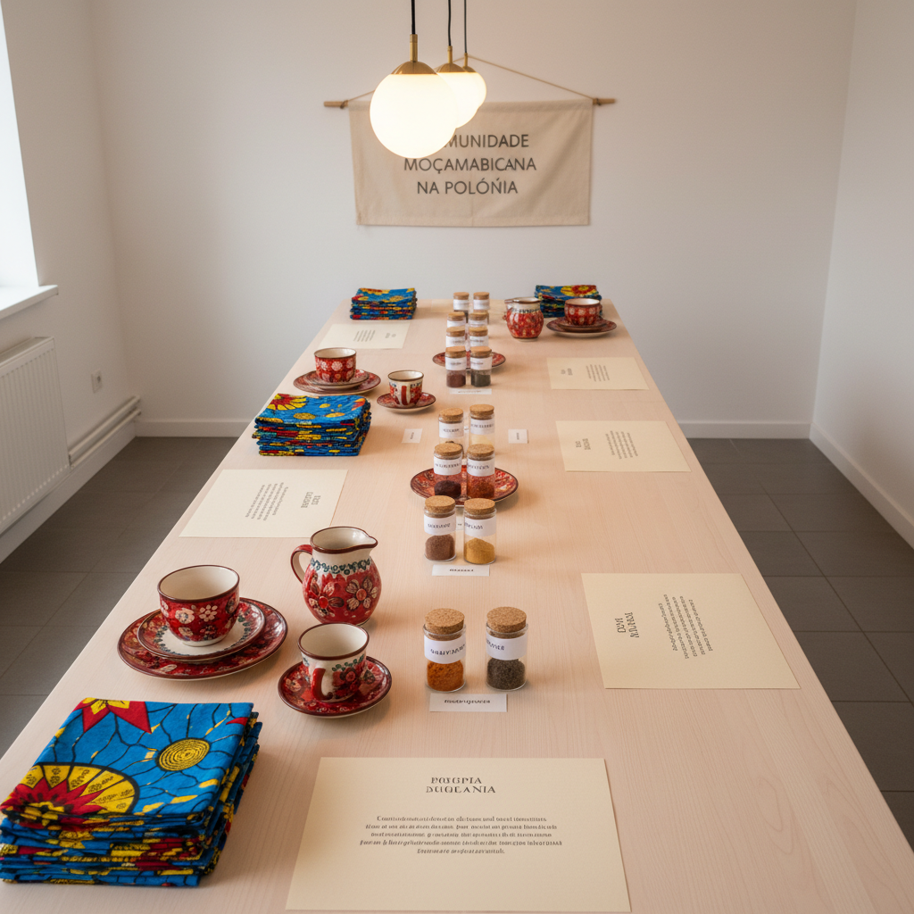 A long, light-wood table set up for a cultural workshop, covered with neatly arranged objects that represent Mozambique and Poland: patterned capulana fabrics folded precisely, red-and-white Polish ceramics, small labeled jars of traditional spices, and bilingual information cards printed on thick, matte paper. The room has minimalist white walls and a simple banner at the far end that reads “Comunidade Moçambicana na Polónia” in clean, modern typography. Overhead, warm pendant lights cast an even, inviting glow, creating soft shadows and subtle highlights on the objects’ textures. Photographic realism, shot from a slightly elevated angle with sharp focus throughout. The mood is collaborative, respectful, and educational, emphasizing cultural exchange and shared identity without any human presence.