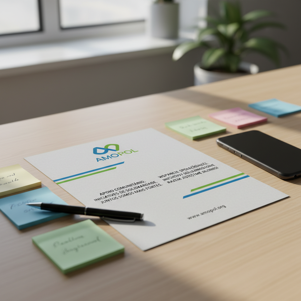 A close-up of an elegant, matte-finish flyer lying on a smooth wooden desk, featuring the AMOPOL logo, clean blue and green accent lines, and clear Portuguese and Polish text describing community support initiatives. Around the flyer, neatly arranged colored sticky notes, a sleek black pen, and a smartphone with its screen turned off create a sense of active planning. The desk sits near a window, where soft morning daylight creates subtle reflections on the pen and gentle, directional shadows. Photographic realism, shallow depth of field, with the flyer in sharp focus and the background softly blurred. The atmosphere is focused, organized, and optimistic, emphasizing communication, outreach, and professionalism.