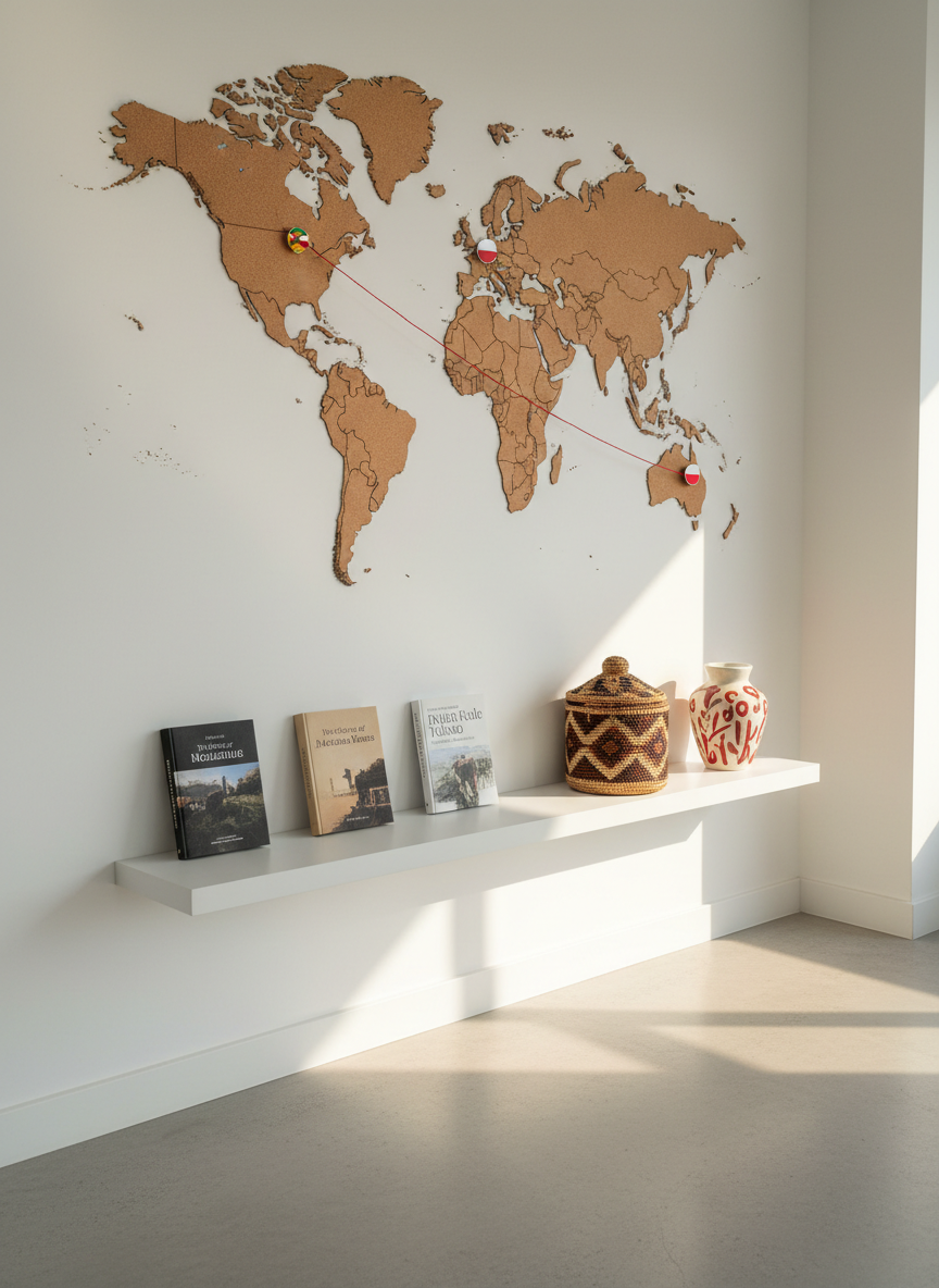 A bright, modern community space with smooth light-grey flooring and white walls, where a large cork world map is mounted prominently, featuring Mozambique and Poland connected by red thread and small enamel pins. Below the map, a minimalist white shelf holds bilingual books, a traditional Mozambican woven basket, and a small Polish ceramic vase in red and white. Soft afternoon light enters through an unseen window, casting gentle, elongated shadows and adding warmth to the neutral tones. Shot from a slightly angled perspective using the rule of thirds, with photographic realism and crisp detail, the mood is welcoming and aspirational, highlighting global connection, cultural pride, and integration in a professional, organized environment.