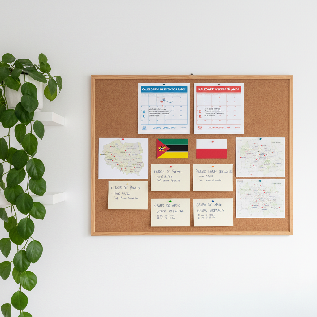An orderly bulletin board mounted on a smooth white wall, filled with carefully pinned materials: a calendar of AMOP community events in Portuguese and Polish, printed on clean, modern layouts; small flags of Mozambique and Poland; maps showing major Polish cities; and neatly handwritten notes about language courses and support groups. A slim potted plant with glossy green leaves sits on a nearby shelf, adding a touch of organic color. Soft, diffused indoor lighting from above creates minimal shadows and a calm, balanced illumination. Photographic realism, eye-level composition, and medium depth of field keep all elements legible and detailed. The atmosphere is supportive, informative, and organized, reflecting a professional, welcoming hub for the Mozambican community in Poland.
