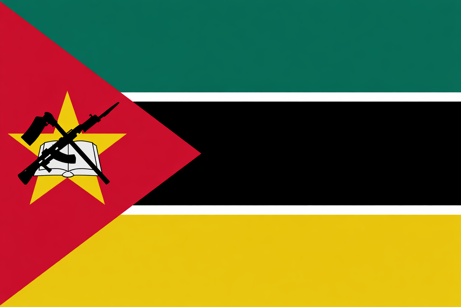 Flag of Mozambique with green, black, yellow horizontal stripes and red triangle with star, book, rifle, and hoe